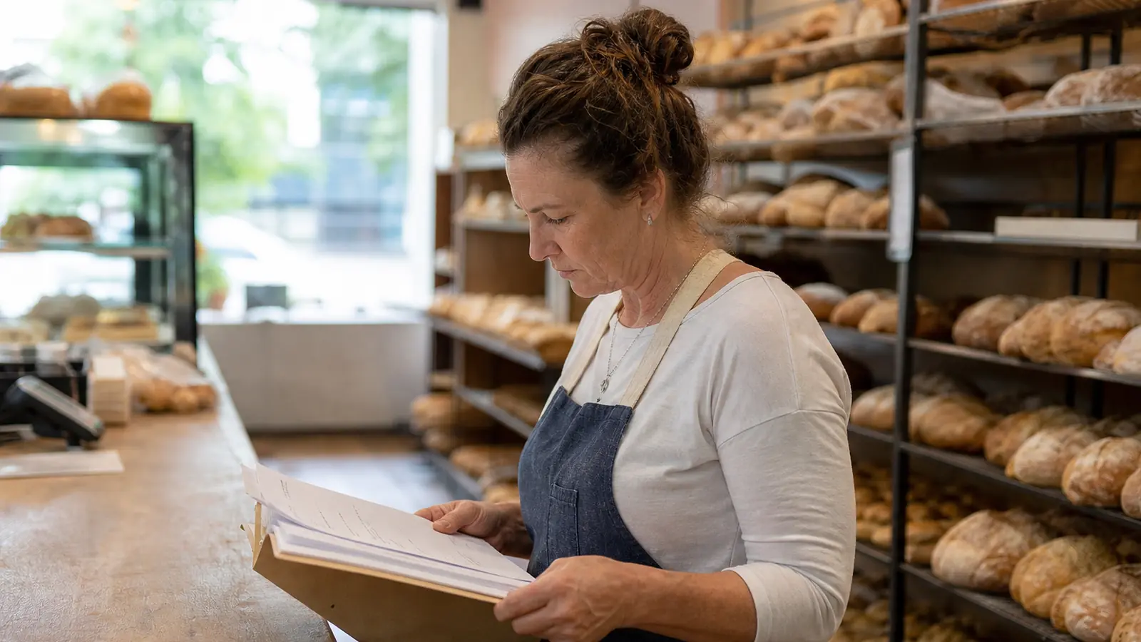 Bakery owner reading through a folder of statements at her counter beside racks of fresh bread