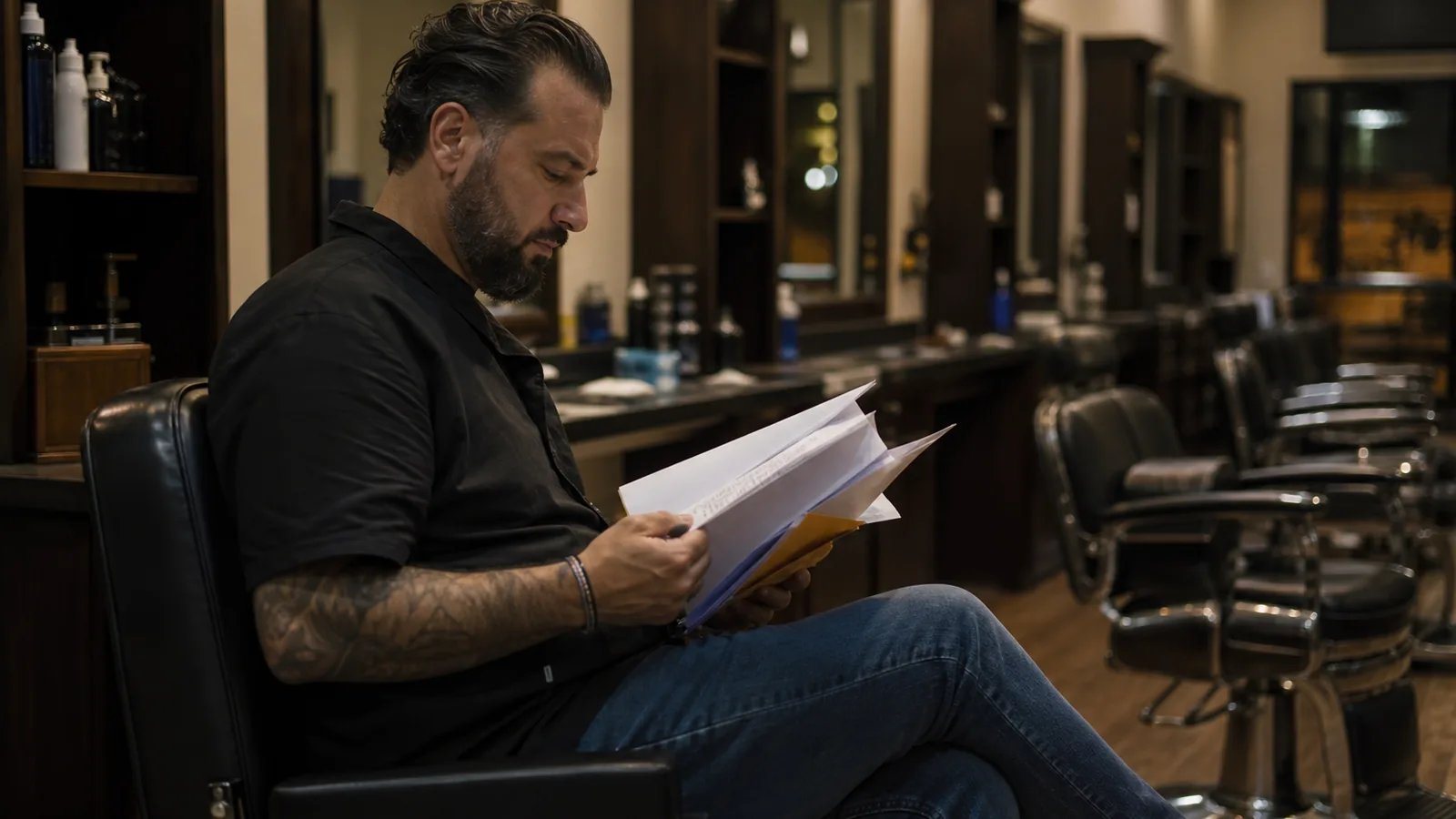 Barbershop owner sitting in his own chair after closing, working through a folder of paperwork