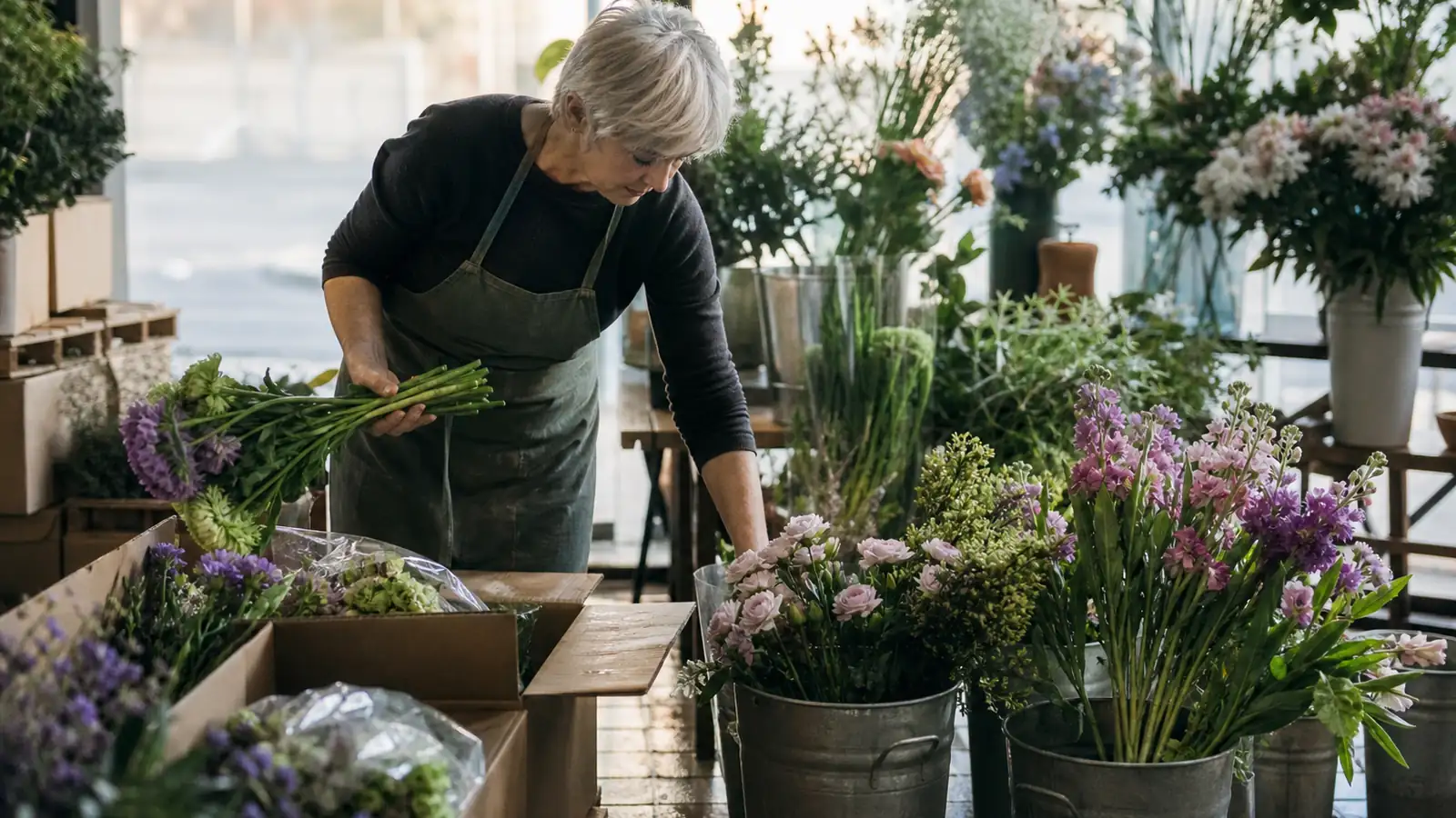 Florist lifting fresh cut flowers from a delivery crate into buckets in her shop at dawn